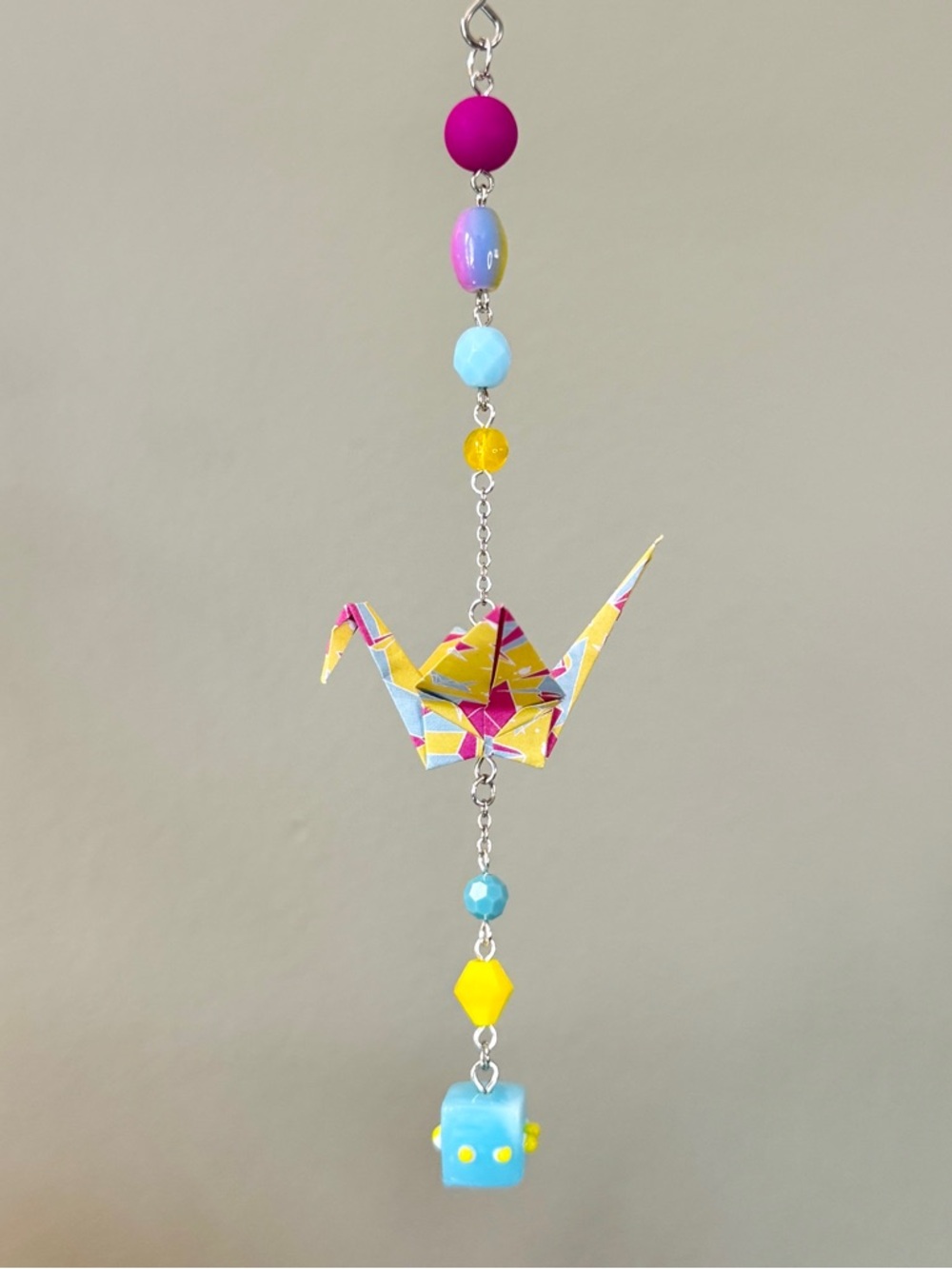 Origami Ornament #2448 - Small Crane with Glass and Silicone Beads